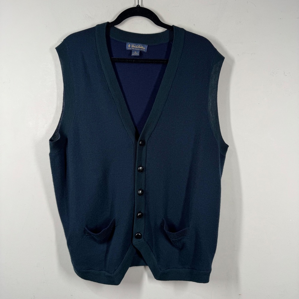 Brooks Brothers Mens XL Navy Blue Extra Fine Italian Merino Wool Cardigan Vest